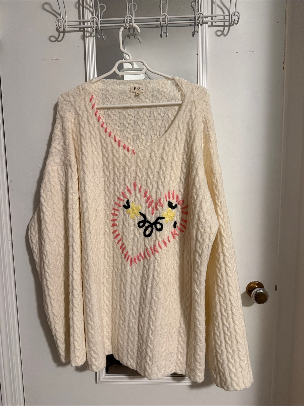 POL Cream Cable-Knit V-Neck Sweater with Heart Embroidery